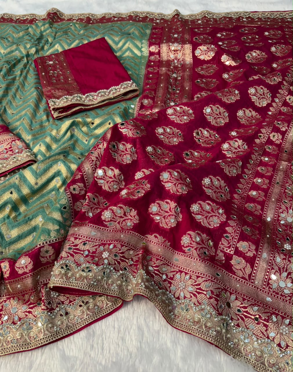 Premium Katan Silk Mirror & Stone Work Saree