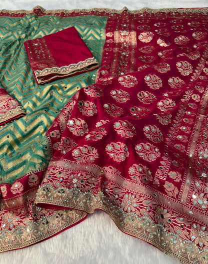 Premium Katan Silk Mirror & Stone Work Saree