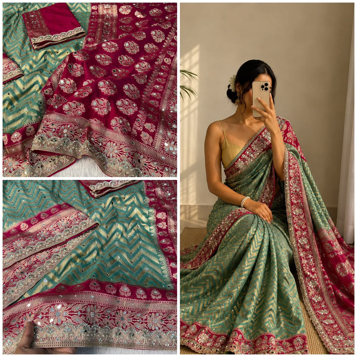 Premium Katan Silk Mirror & Stone Work Saree