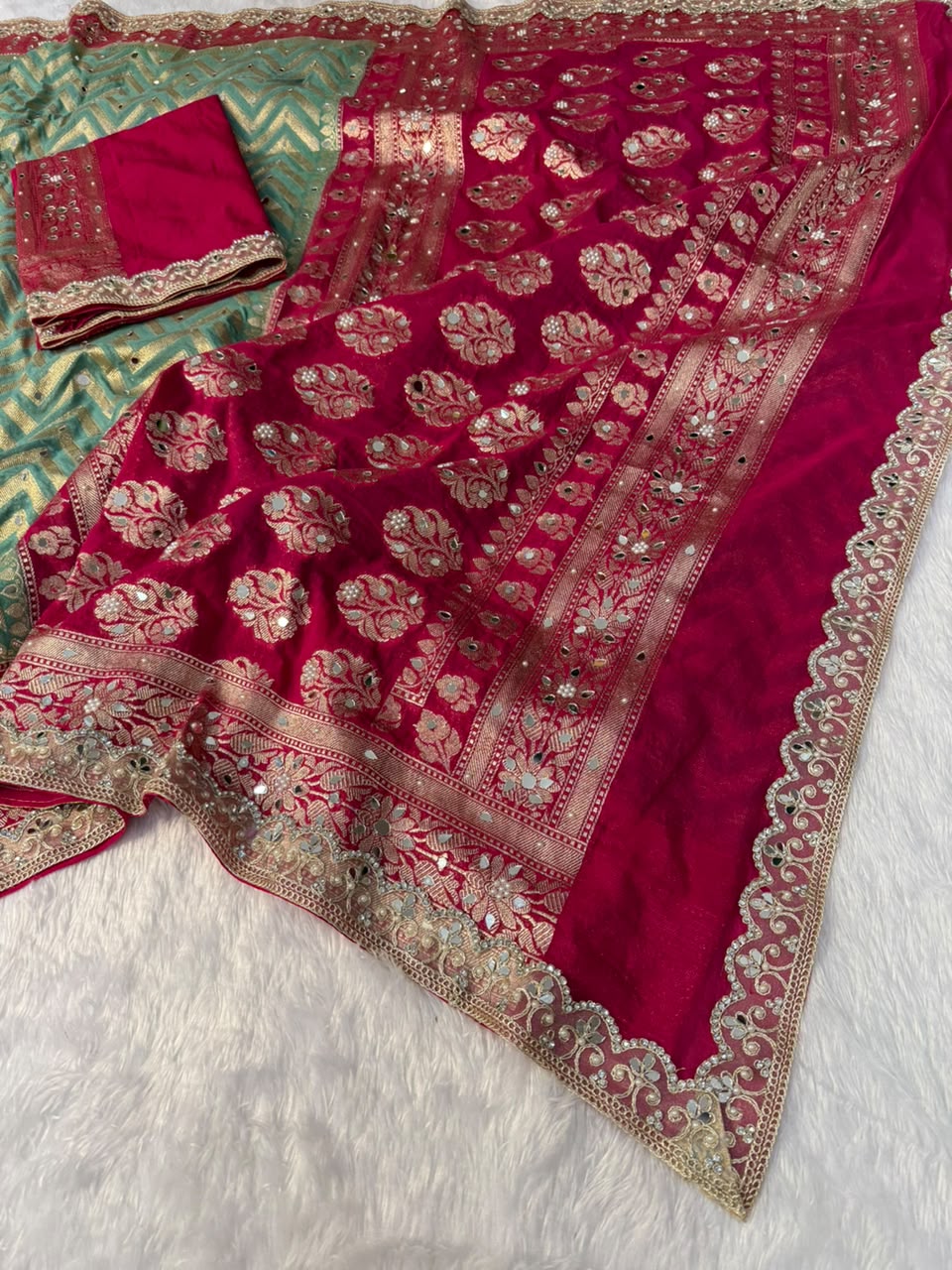 Premium Katan Silk Mirror & Stone Work Saree