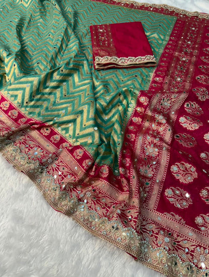 Premium Katan Silk Mirror & Stone Work Saree