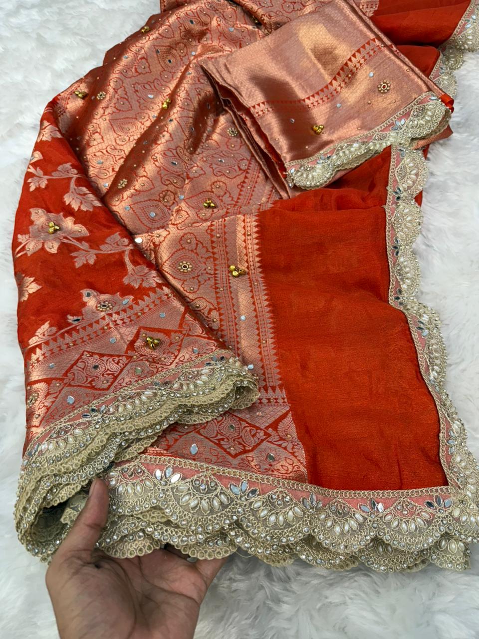 Coral Color Designer Warm Silk Gungroo Saree
