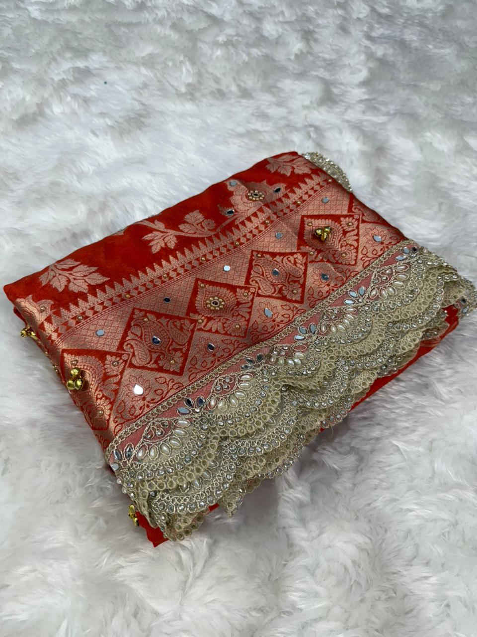 Coral Color Designer Warm Silk Gungroo Saree