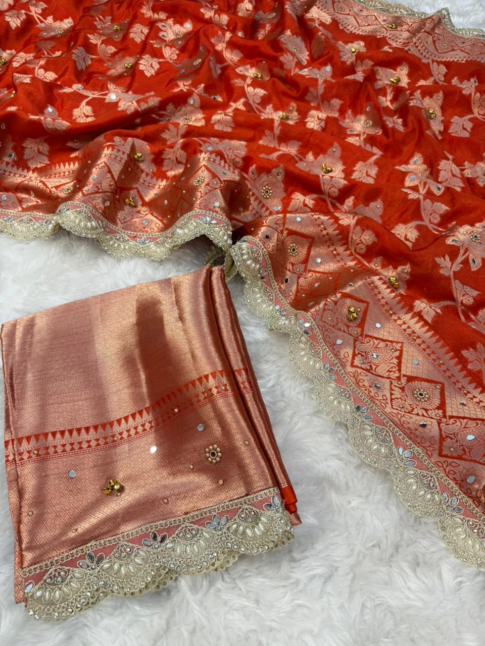 Coral Color Designer Warm Silk Gungroo Saree