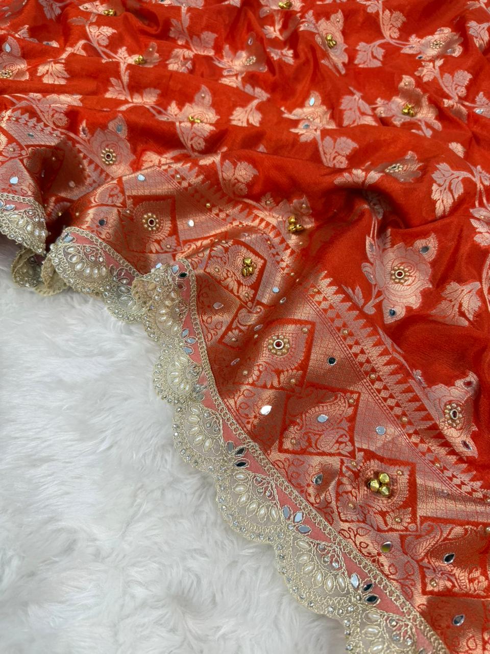 Coral Color Designer Warm Silk Gungroo Saree