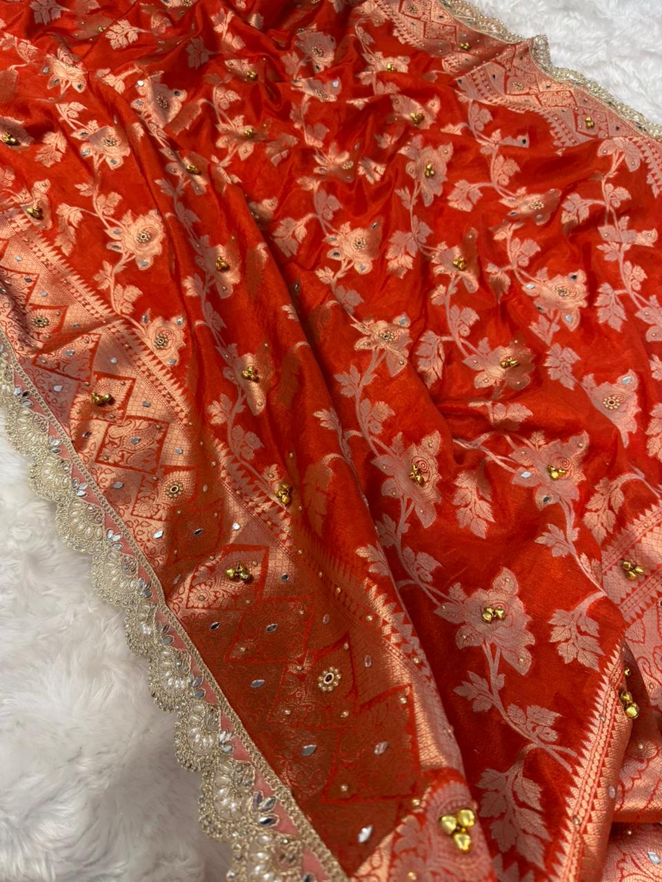 Coral Color Designer Warm Silk Gungroo Saree