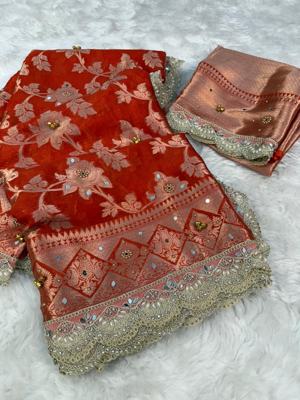 Coral Color Designer Warm Silk Gungroo Saree