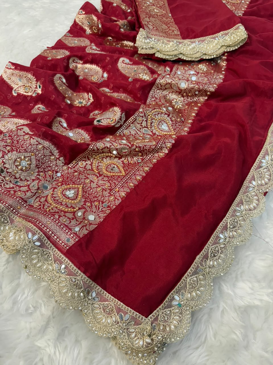 Premium Katan Red Bridal Mirror Work Saree