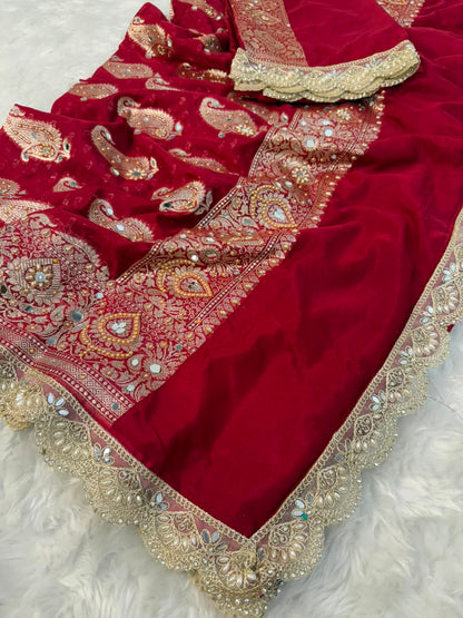 Premium Katan Red Bridal Mirror Work Saree
