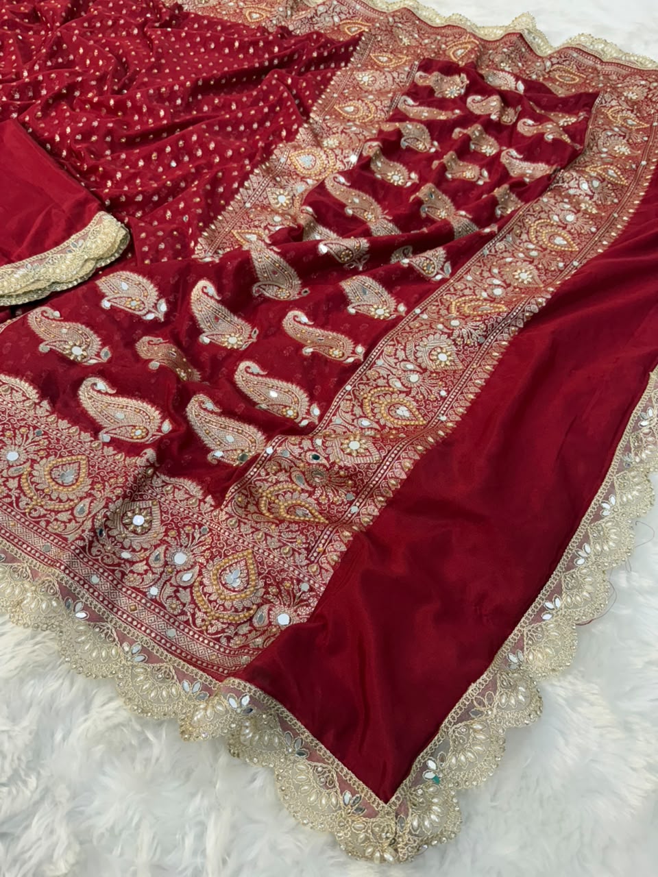 Premium Katan Red Bridal Mirror Work Saree
