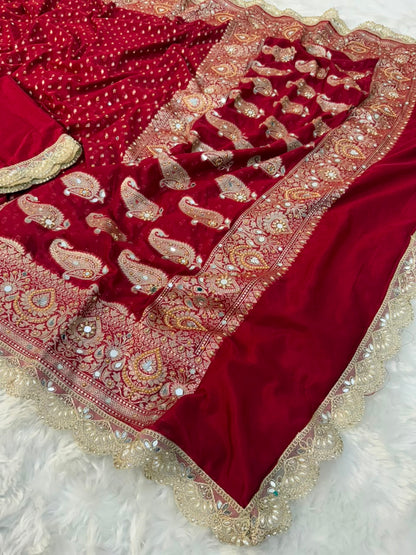 Premium Katan Red Bridal Mirror Work Saree