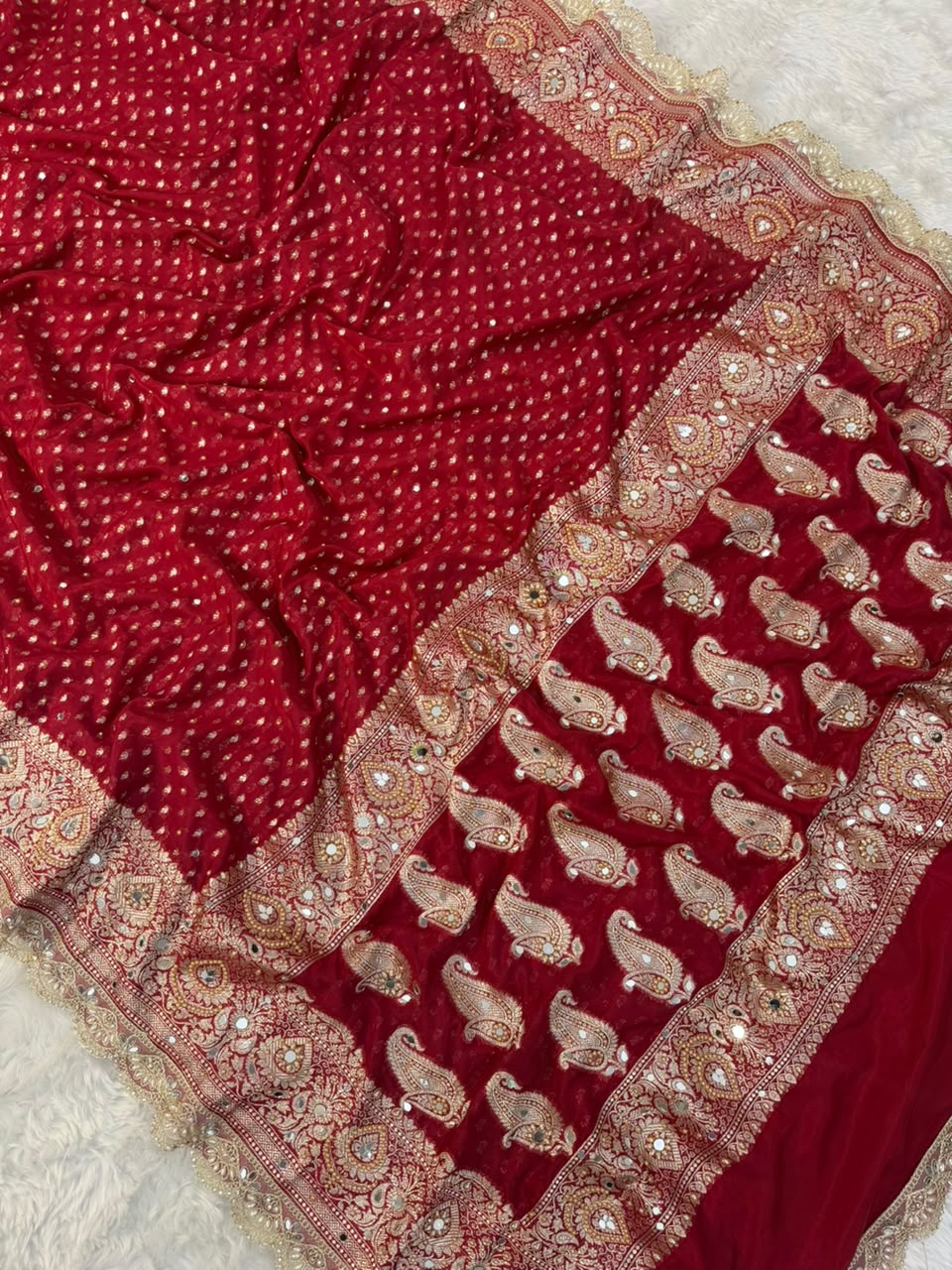 Premium Katan Red Bridal Mirror Work Saree