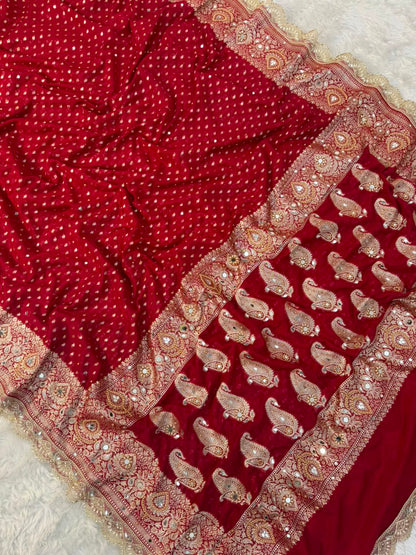Premium Katan Red Bridal Mirror Work Saree