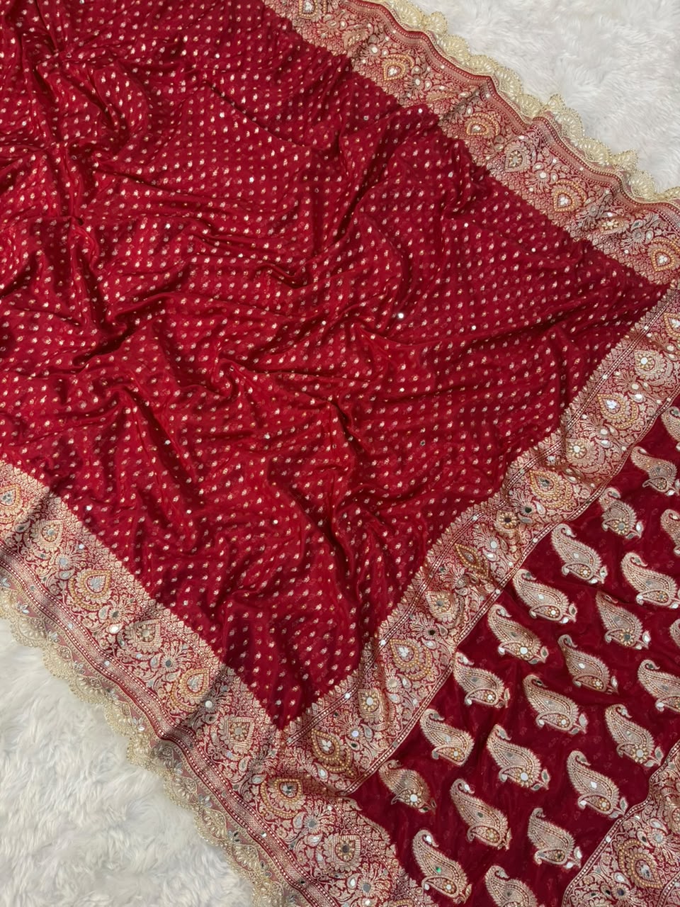Premium Katan Red Bridal Mirror Work Saree