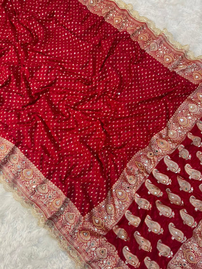 Premium Katan Red Bridal Mirror Work Saree