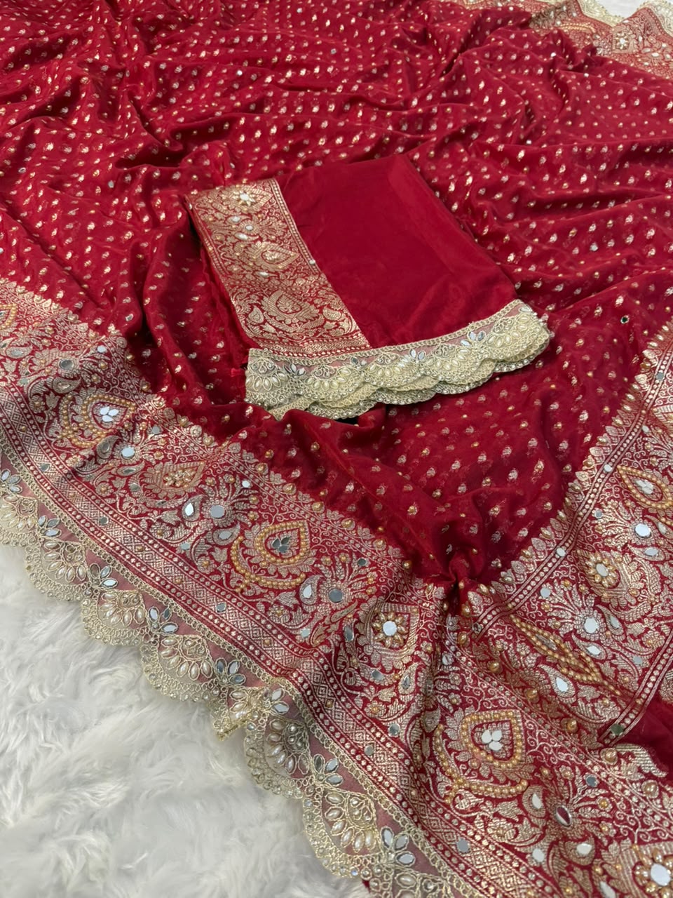 Premium Katan Red Bridal Mirror Work Saree