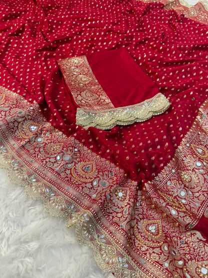 Premium Katan Red Bridal Mirror Work Saree