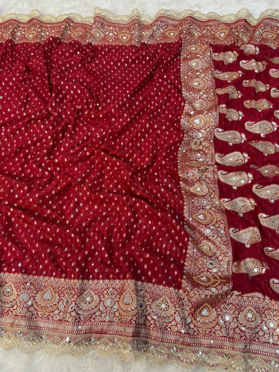 Premium Katan Red Bridal Mirror Work Saree