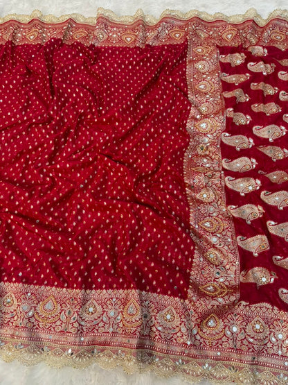 Premium Katan Red Bridal Mirror Work Saree