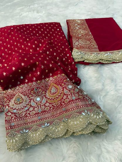 Premium Katan Red Bridal Mirror Work Saree