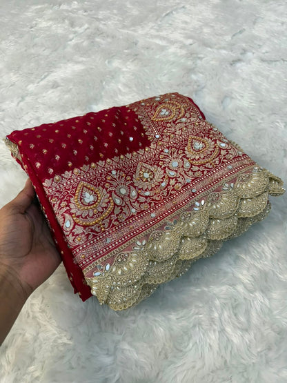 Premium Katan Red Bridal Mirror Work Saree