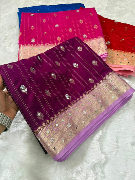 Assorted sarees set: maroon, red, and pink dupion silk with silver buti motifs