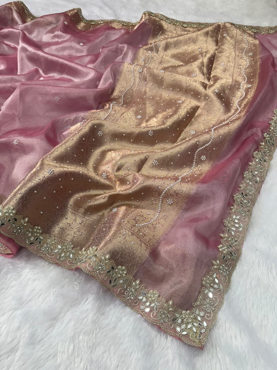 Soft Pink Pearl Buti Tissue Saree