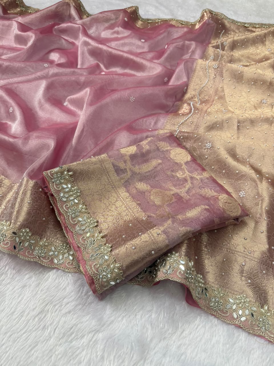 Soft Pink Pearl Buti Tissue Saree