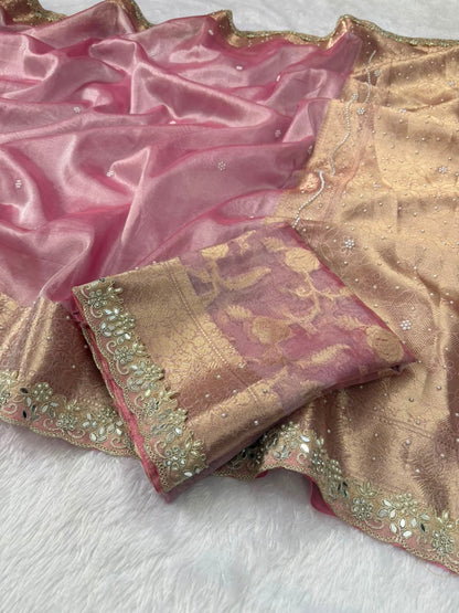 Soft Pink Pearl Buti Tissue Saree