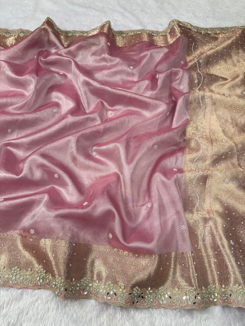Soft Pink Pearl Buti Tissue Saree