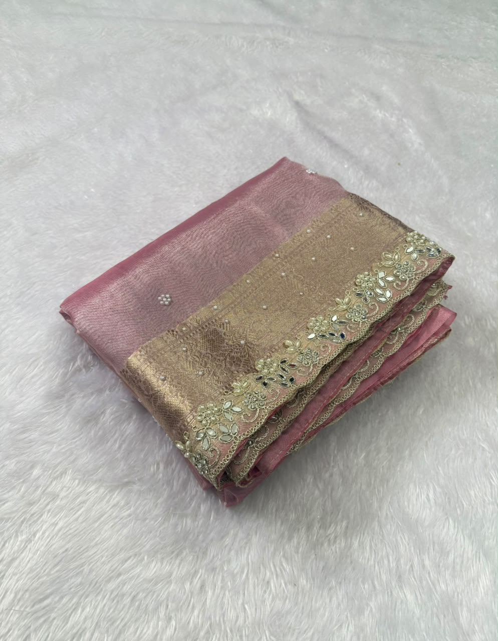 Soft Pink Pearl Buti Tissue Saree