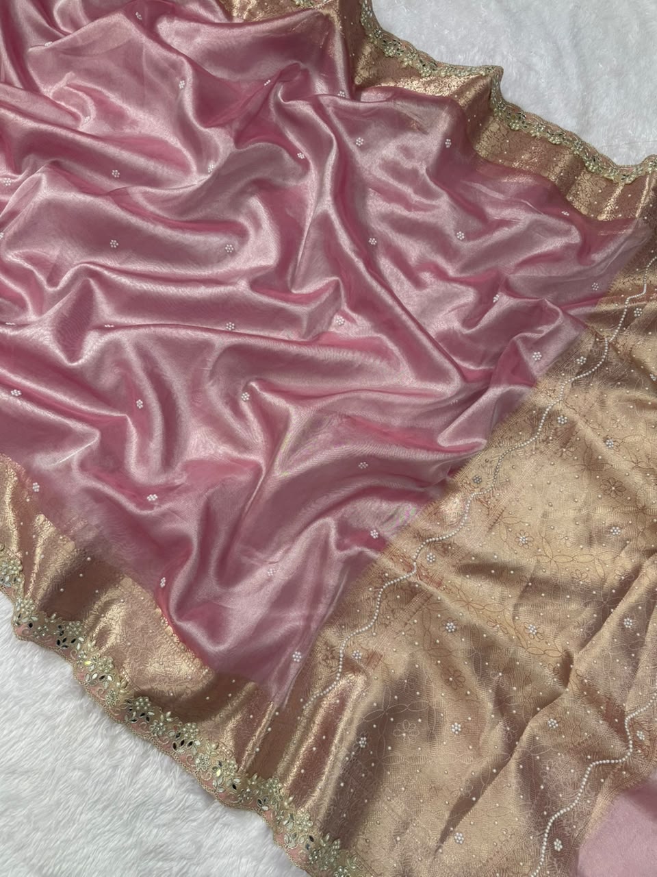 Soft Pink Pearl Buti Tissue Saree