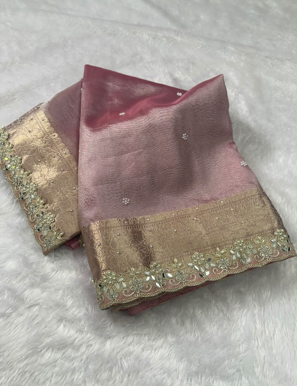 Soft Pink Pearl Buti Tissue Saree