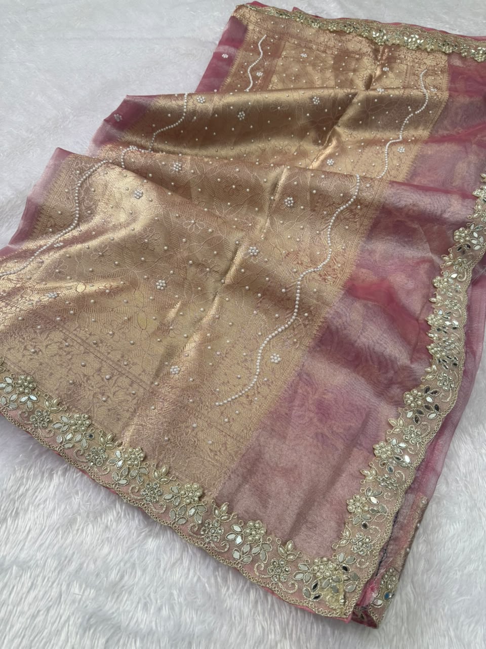 Soft Pink Pearl Buti Tissue Saree