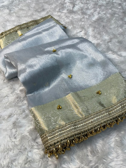 Silver & Ivory Banarasi Glass Tissue Gungroo Saree