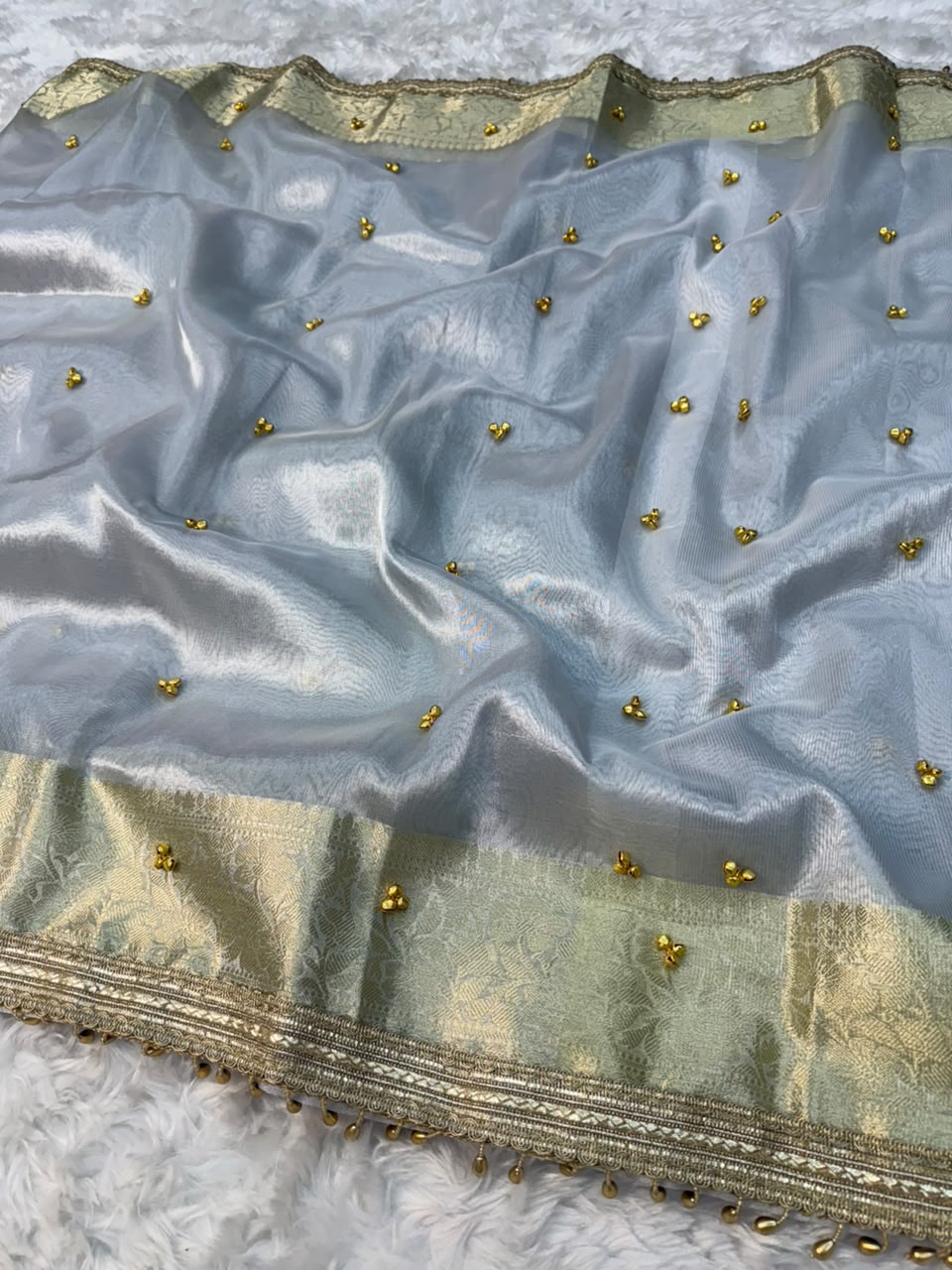 Silver & Ivory Banarasi Glass Tissue Gungroo Saree