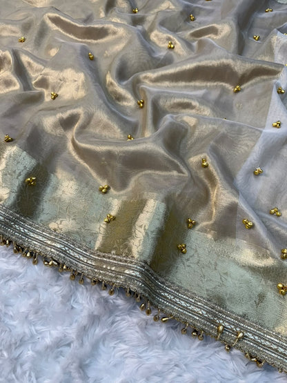 Silver & Ivory Banarasi Glass Tissue Gungroo Saree