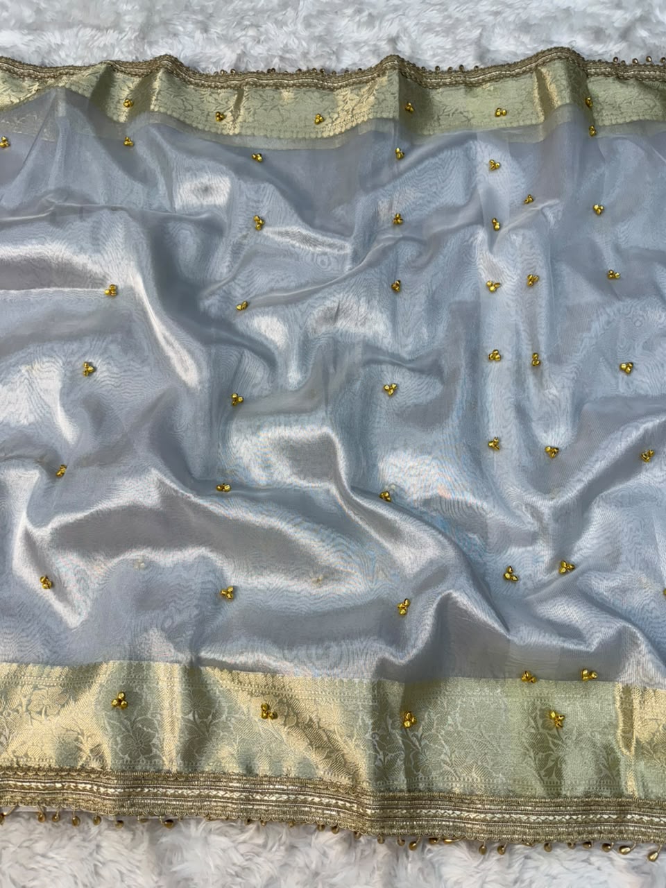 Silver & Ivory Banarasi Glass Tissue Gungroo Saree