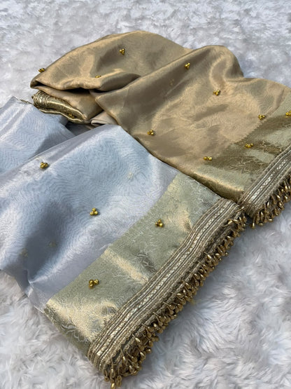 Silver & Ivory Banarasi Glass Tissue Gungroo Saree