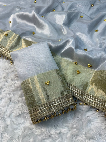 Silver & Ivory Banarasi Glass Tissue Gungroo Saree