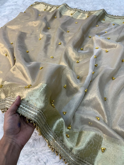 Silver & Ivory Banarasi Glass Tissue Gungroo Saree