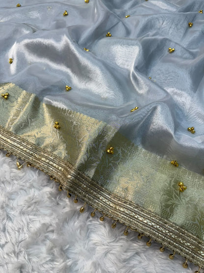 Silver & Ivory Banarasi Glass Tissue Gungroo Saree