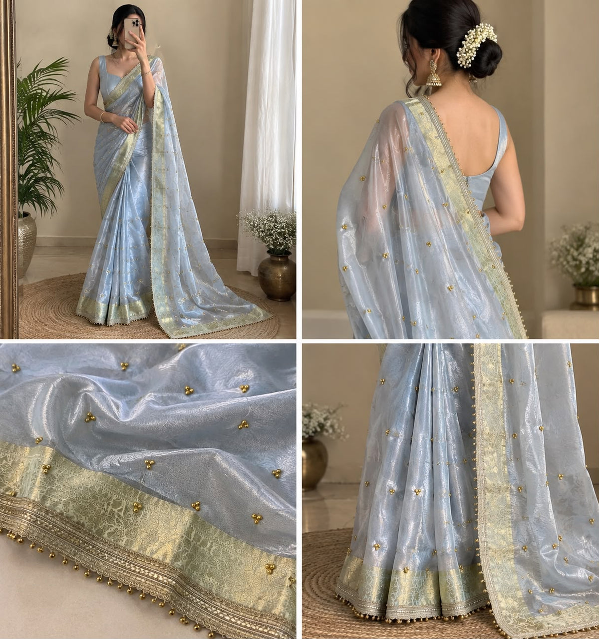 Silver & Ivory Banarasi Glass Tissue Gungroo Saree