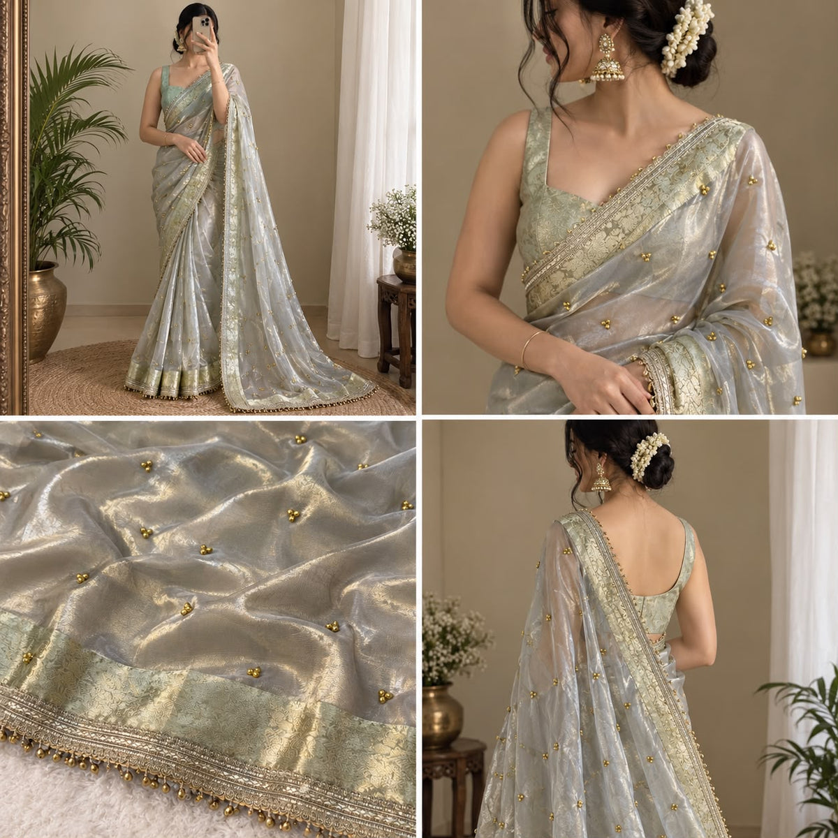 Silver & Ivory Banarasi Glass Tissue Gungroo Saree