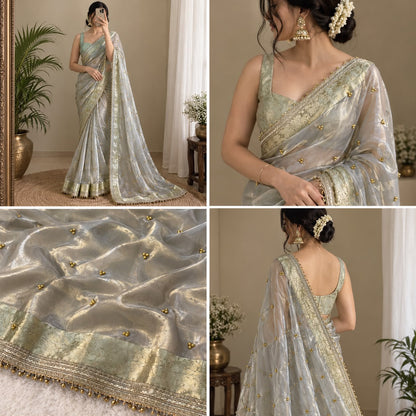 Silver & Ivory Banarasi Glass Tissue Gungroo Saree