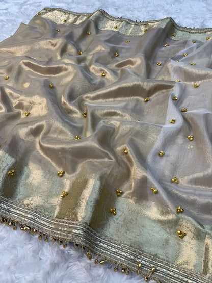 Silver & Ivory Banarasi Glass Tissue Gungroo Saree