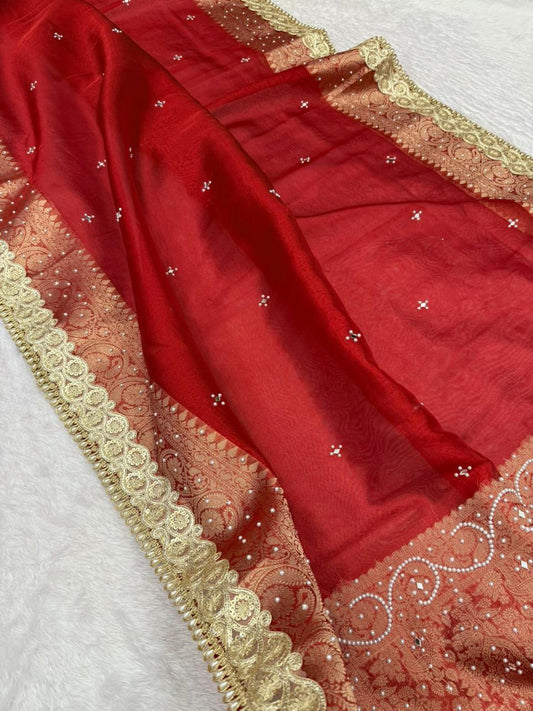 Red Banarasi tissue saree with gold zari border and all-over small motifs