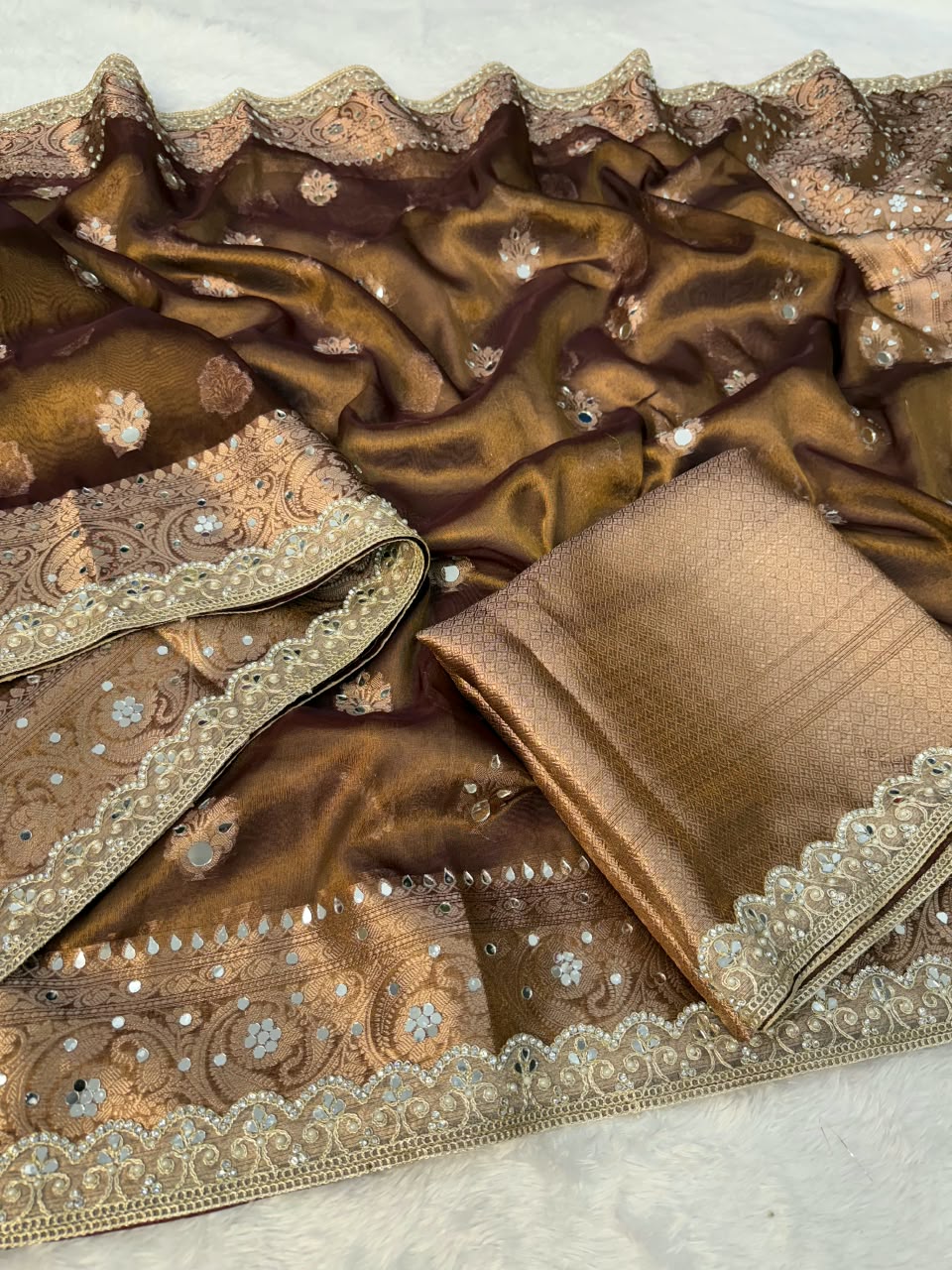 Premium Copper Banarasi Mirror Floral Tissue Saree