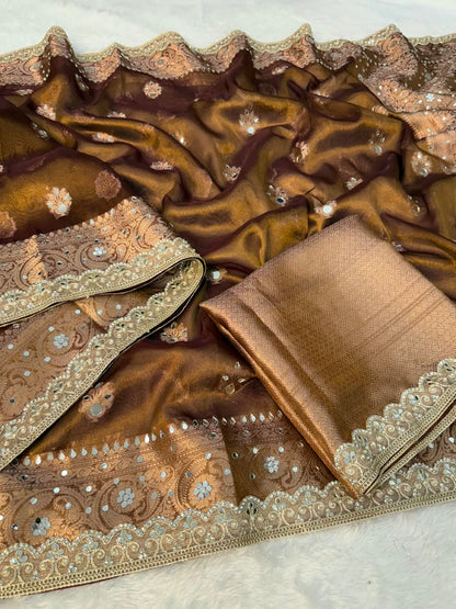 Premium Copper Banarasi Mirror Floral Tissue Saree