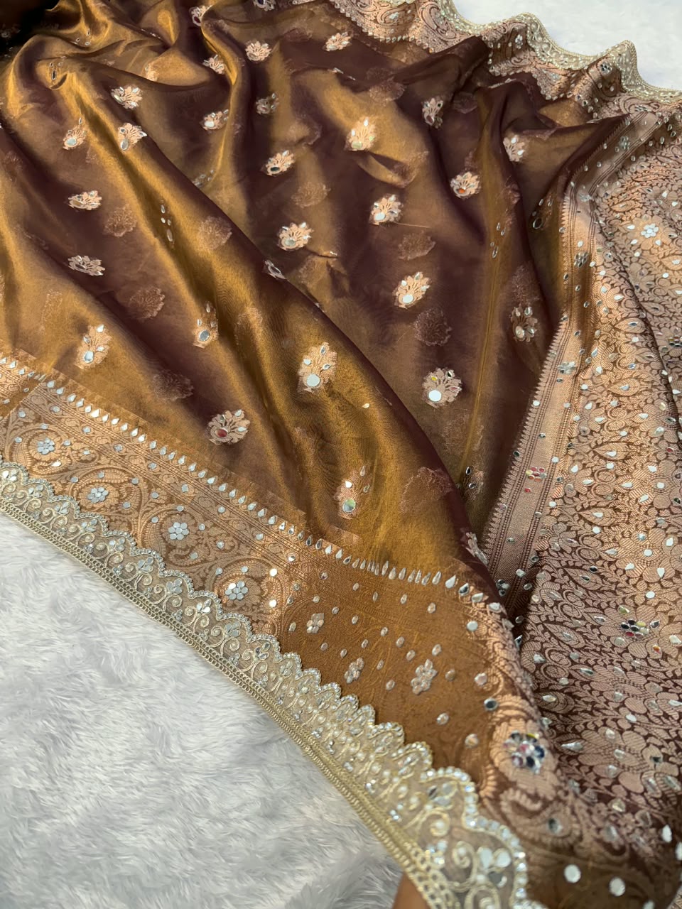 Premium Copper Banarasi Mirror Floral Tissue Saree